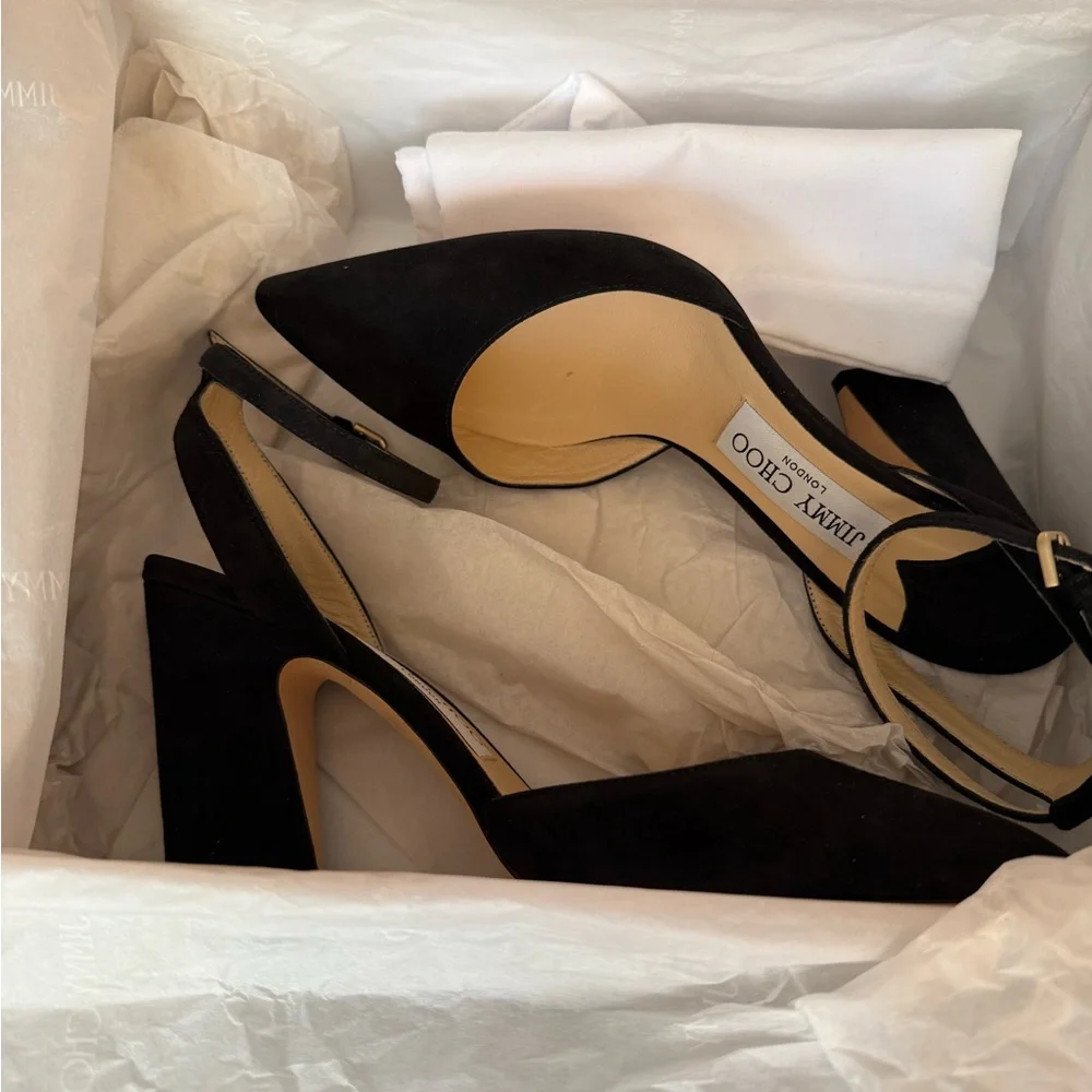 Jimmy Choo Black Suede Pointed-Toe Ankle-Strap Block Heels - Picture 8 of 11